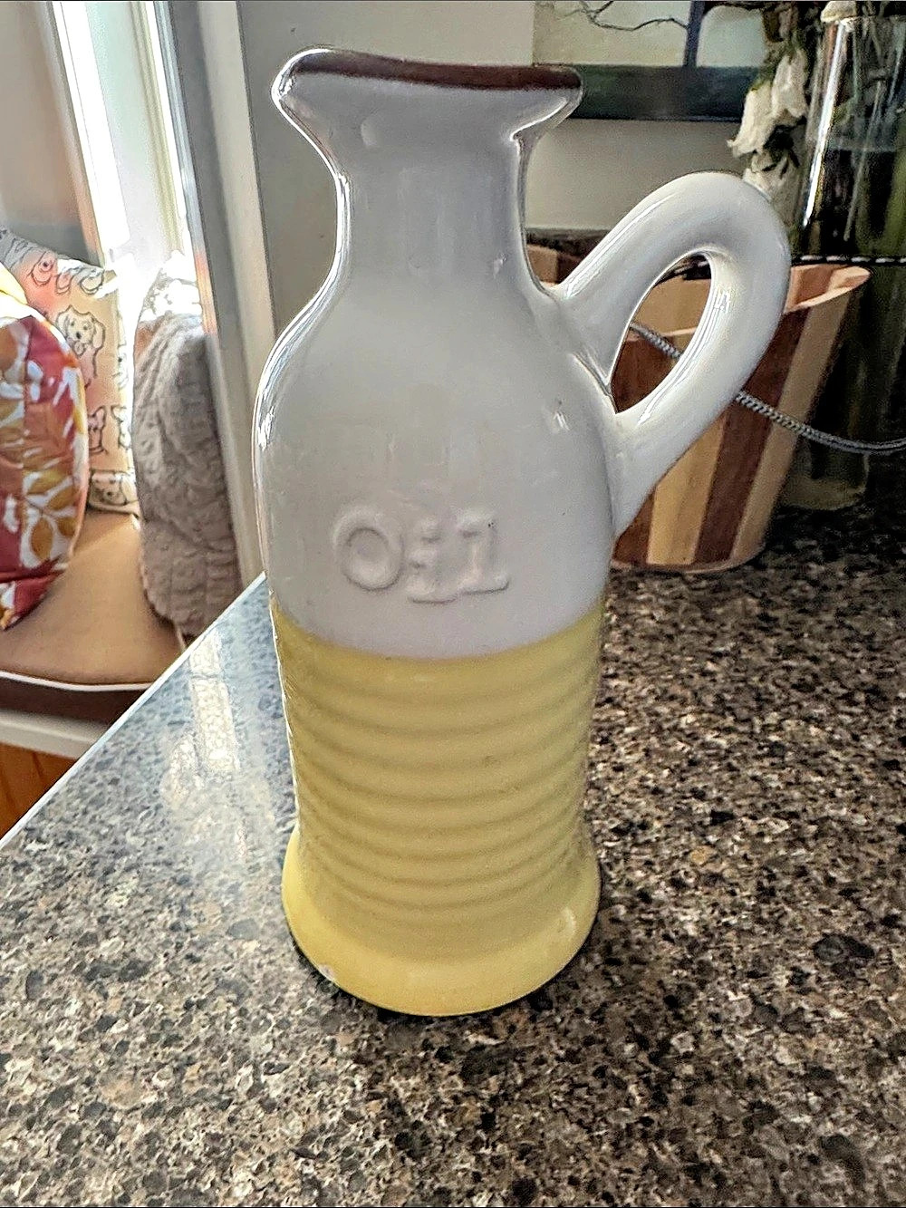 Decorative Ceramic Oil Pitcher in White & Yellow w/Orange Pottery Interior